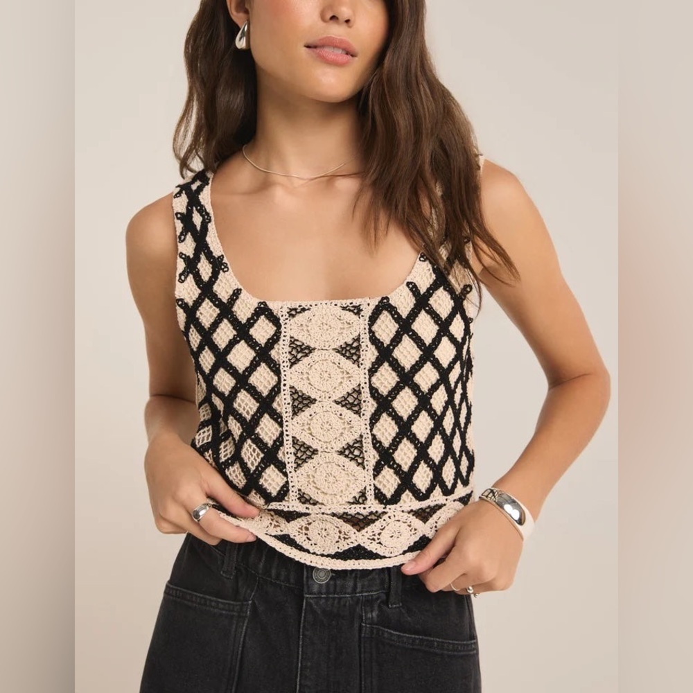 Z Supply Pink and Black Crochet Crop Tank